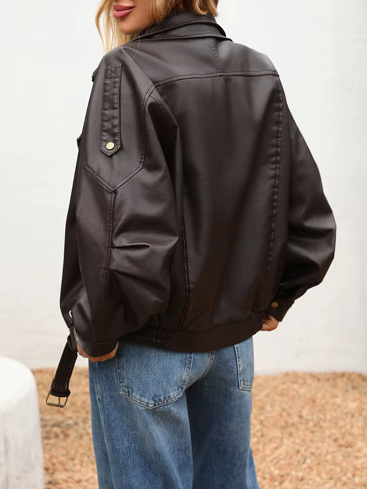 Ailegogo nouveau printemps automne femmes Streetwear rétro ample veste en simili cuir Moto Biker fem