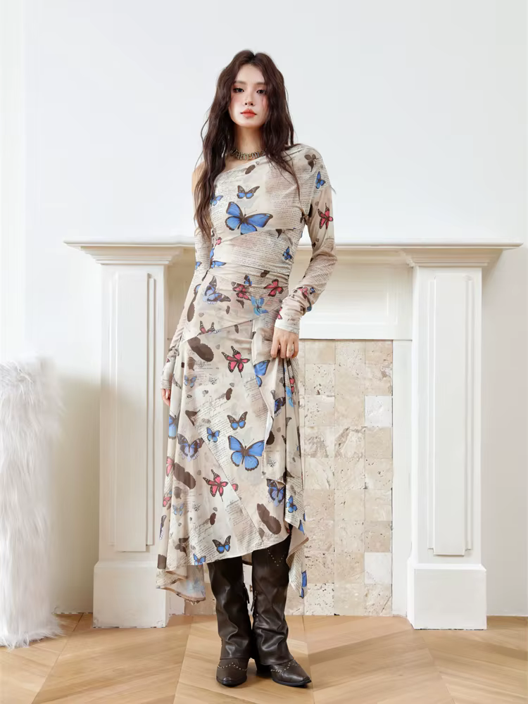 Contest ERART-Robe mi-longue en maille avec lettre papillon pour femme, imprimé Off The Initiated, m