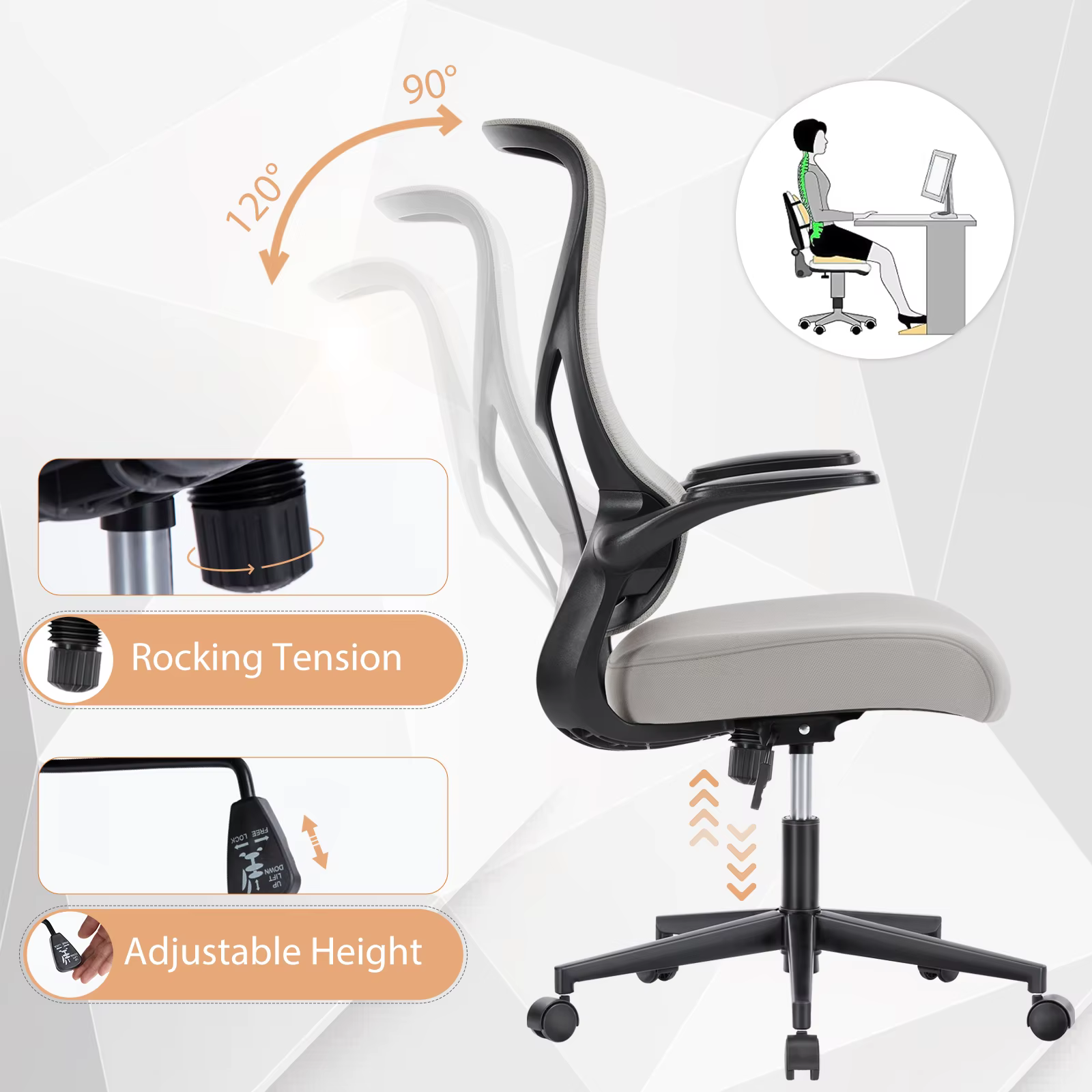 JIAN-Chaise de Bureau Ergonomique avec Support Lombaire en Maille, à Dossier Haut, pour Ordinateur, 