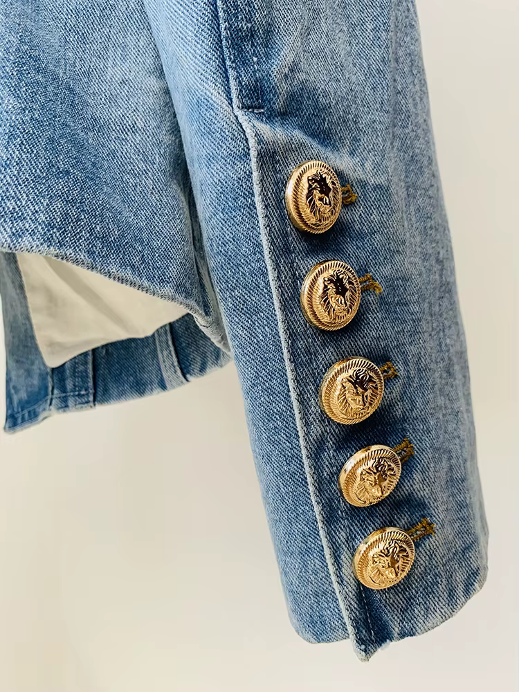 HIGH STREET Nouveauté 2026 Blazer en jean pour femme, coupe ajustée, croisé, avec boutons motif lion