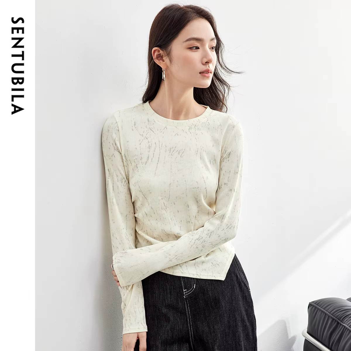 T-shirt en coton imprimé SENTUBILA pour femme, plissé irrégulier, tricoté, col rond, manches longues