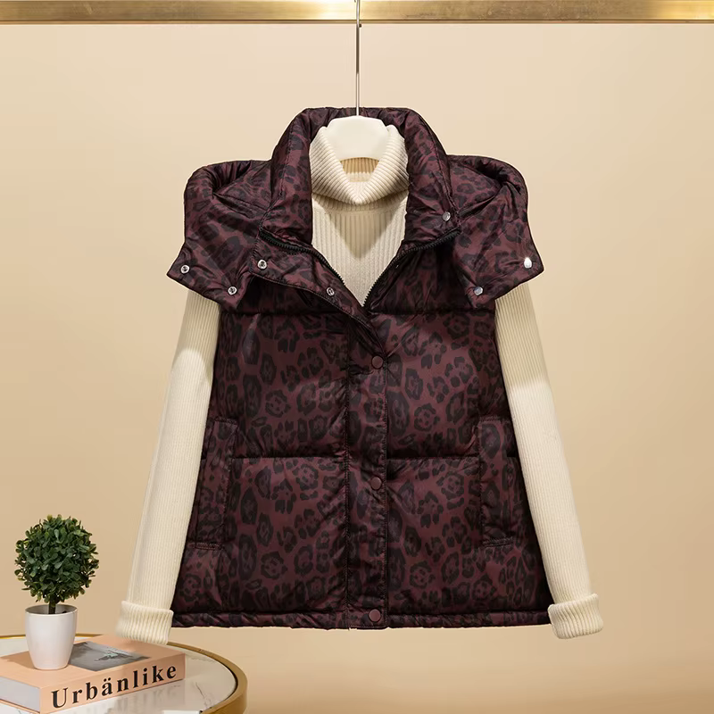Gilet en coton imprimé léopard pour femmes, veste sans manches à capuche, mode américaine, manteau c