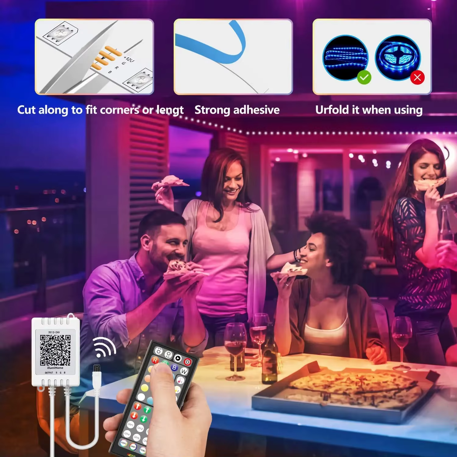 Bande lumineuse LED RVB avec télécommande et contrôle d'application, lumière de pièce, lampe proxy,