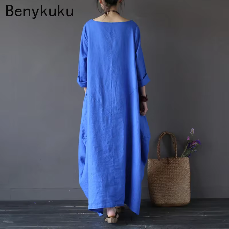 Vintage longue robe Maxi femmes à manches longues grande taille caftan Baggy ample coton lin robes d