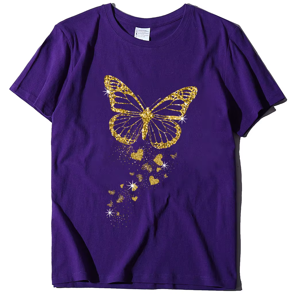 Papillon doré imprimé femmes t-shirt à manches courtes col rond femmes t-shirt dames t-shirt hauts v