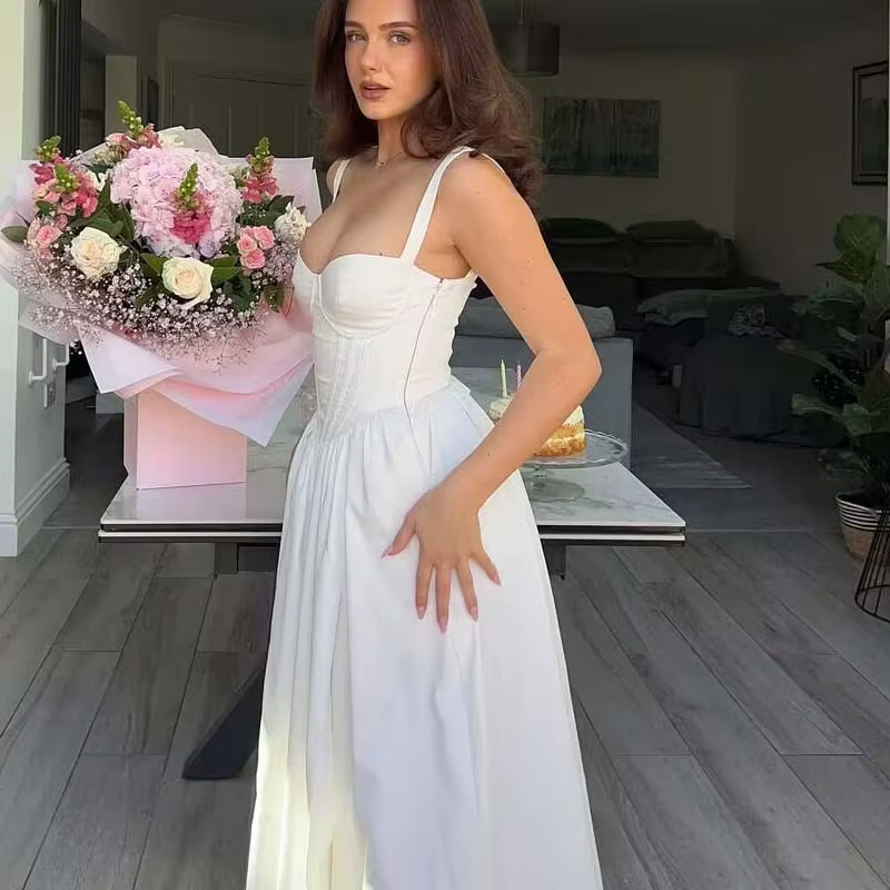 YENKYE-Robe trapèze mi-longue à lacets pour femme, robe en coton, robe fendue sur le devant, robe de