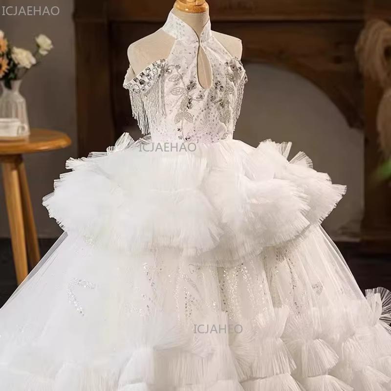 Robe de princesse blanche pour filles, robe de soirée bouffante en Tulle, longue robe de concours, s