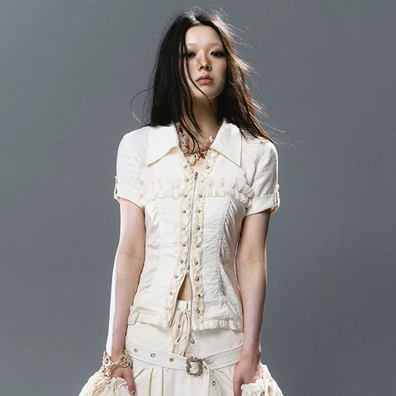 Chemise à lacets croisés Karrcat style grunge, chemisier à rivets Y2K trashy à manches courtes, chem