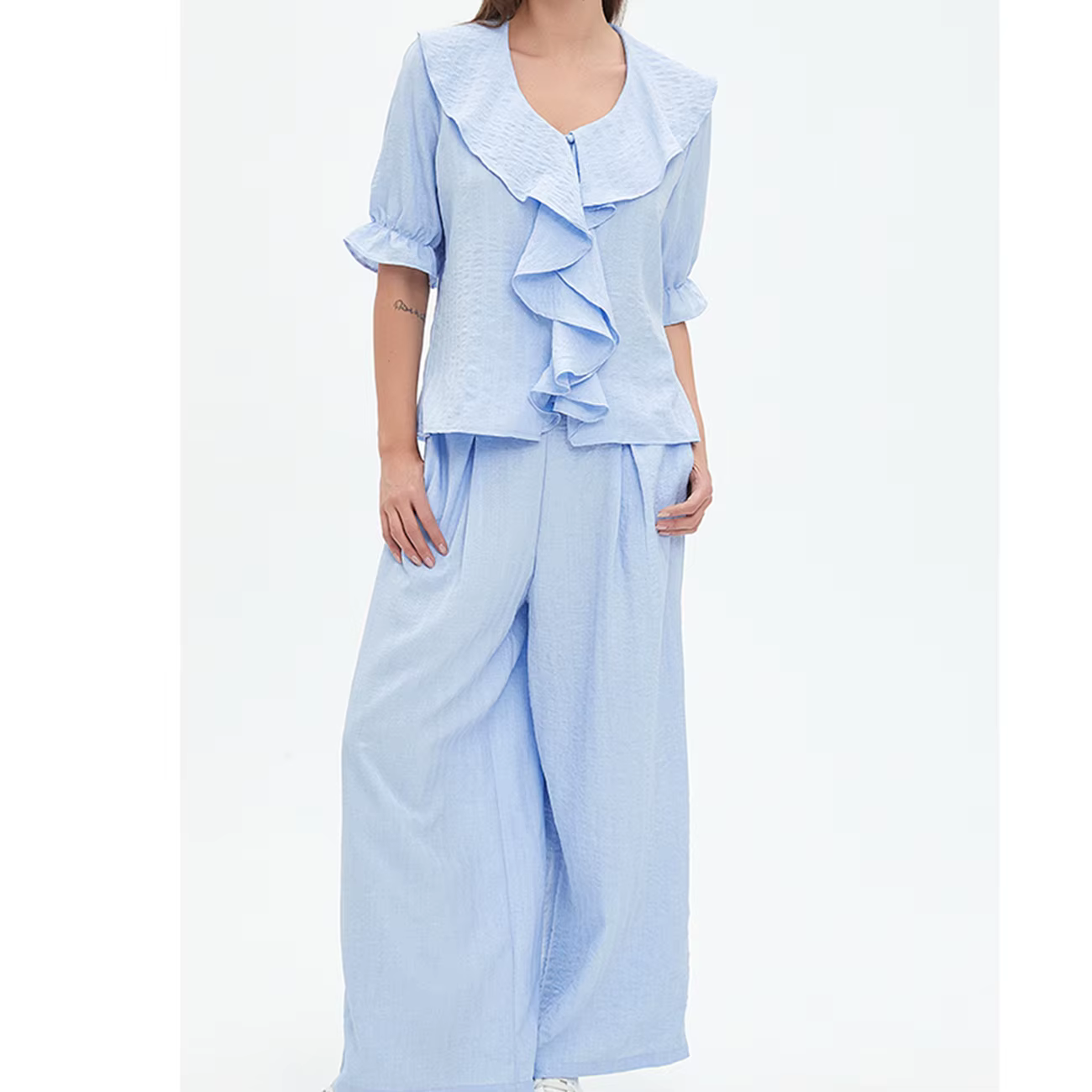 Ensemble pyjama en lin pour femme, 2 pièces, chemise à manches courtes avec volants sur le devant, p