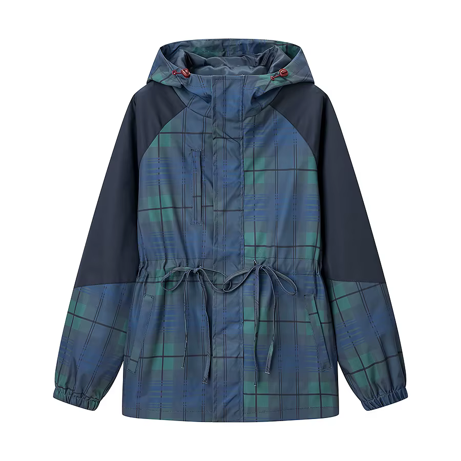 Veste rétro à carreaux pour femme, col montant, cordon de serrage à la taille, coupe-vent court à ca