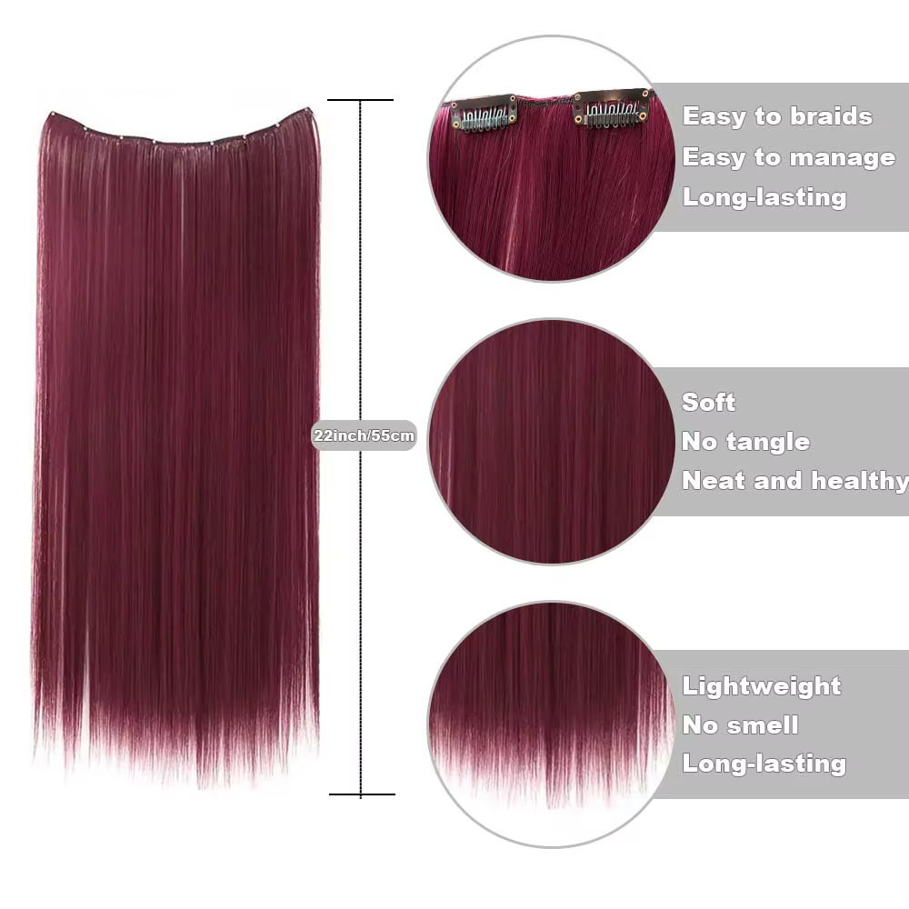 Extensions de cheveux synthétiques colorées longues et droites de 22 pouces, clips invisibles, résis