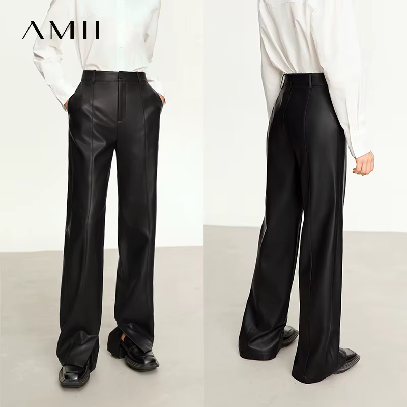 AMII minimaliste en cuir PU pantalons décontractés pour les femmes 2025 automne nouveau ample longue