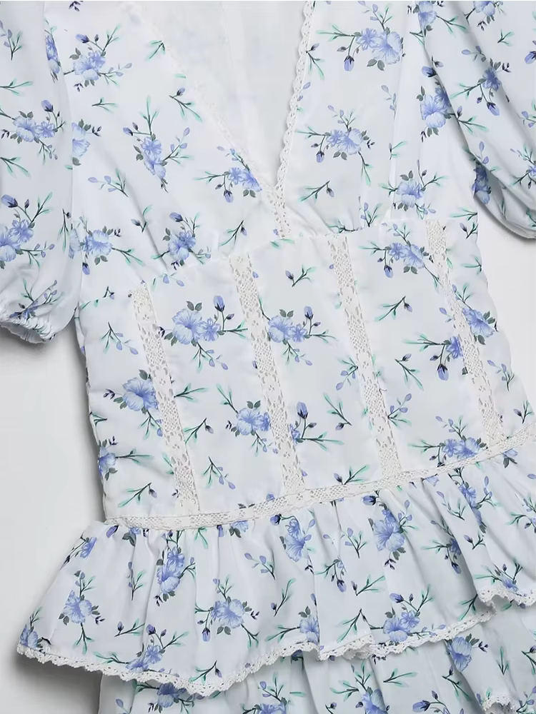 YENKYE-Mini robe à volants en dentelle pour femmes, imprimé floral, manches bouffantes vintage, garn