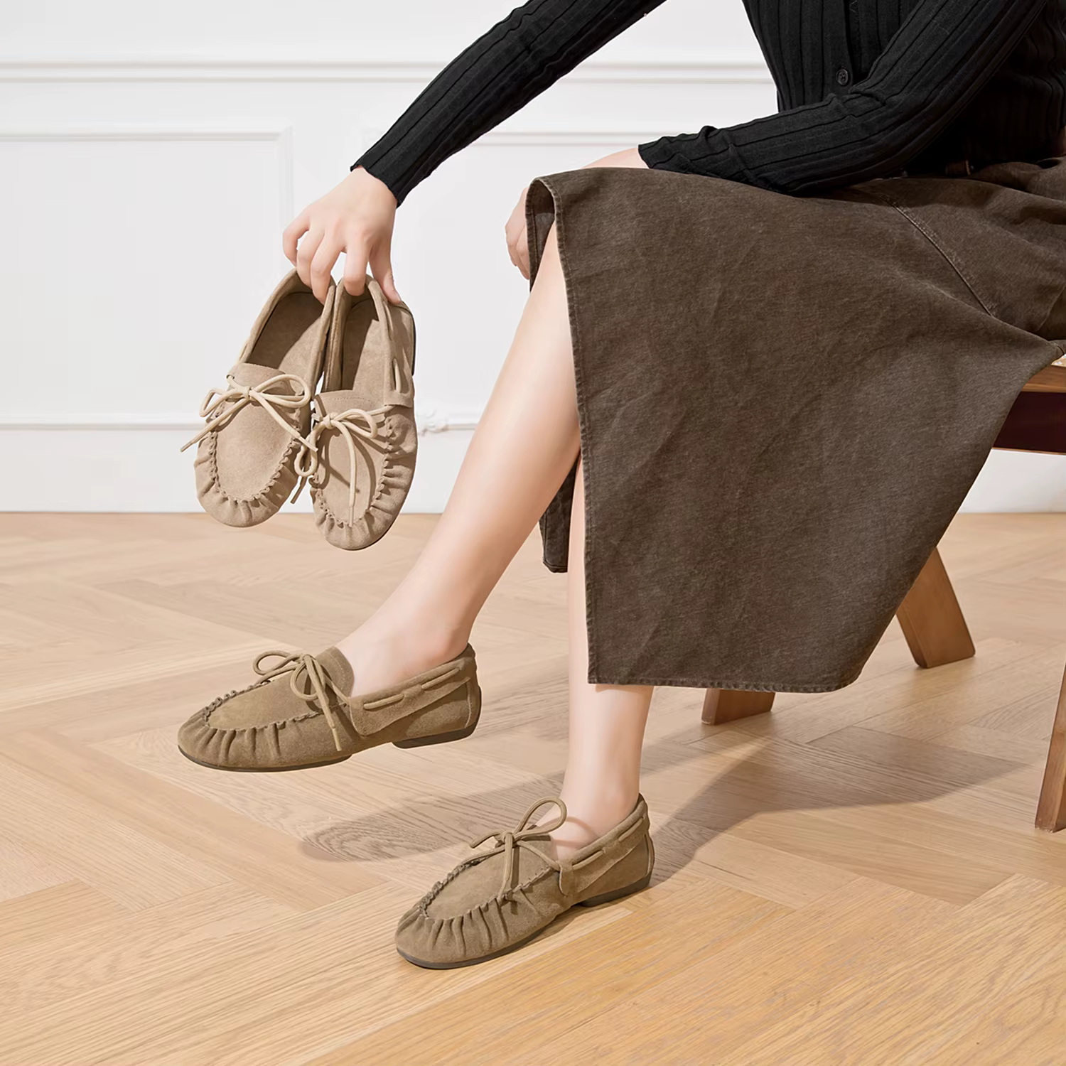 Mocassins plats pour femmes, style britannique, nouvelle collection automne 2026, en cuir véritable,