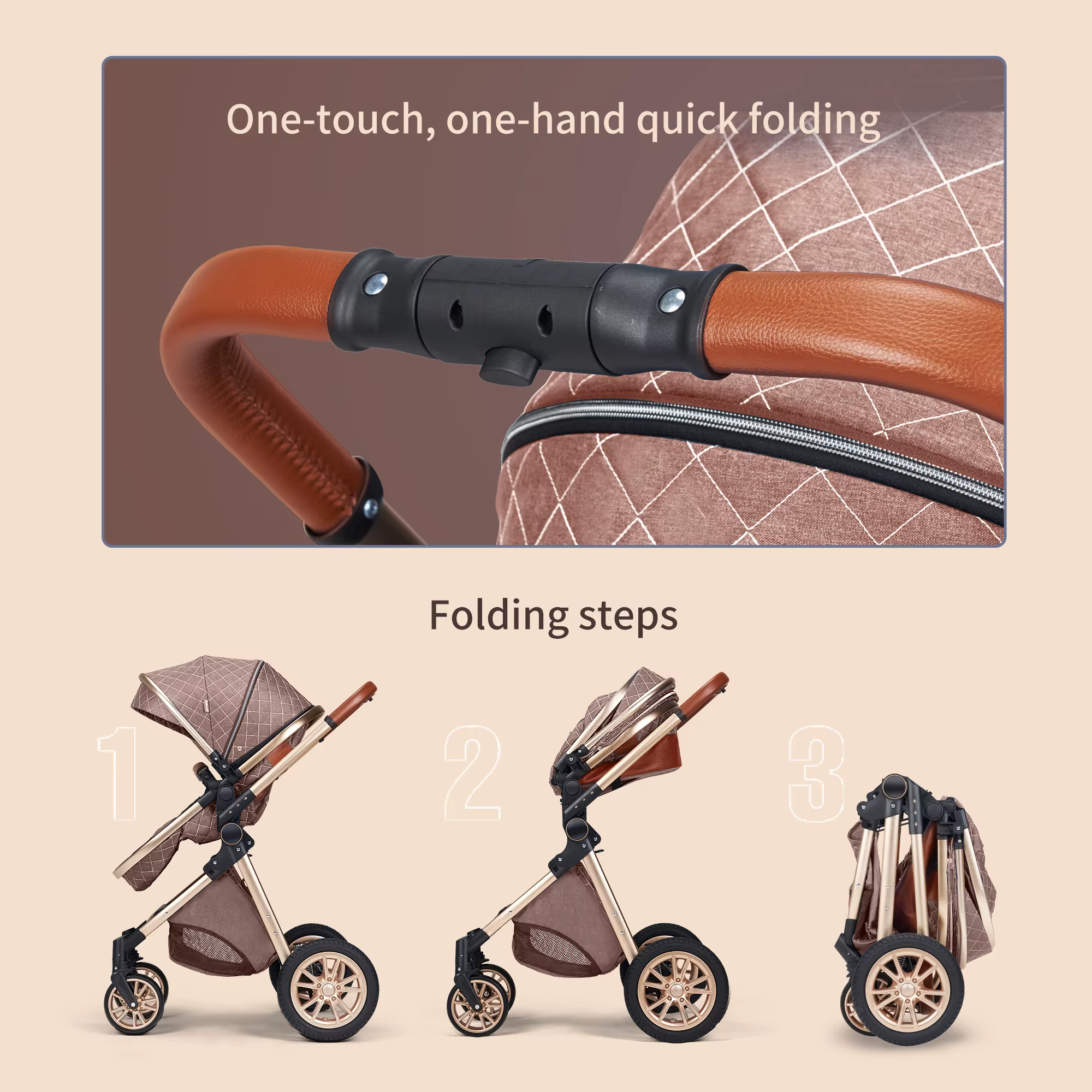Landau de luxe 3 en 1, poussette pour bébé de paysage haut avec siège réversible, poussette pliante