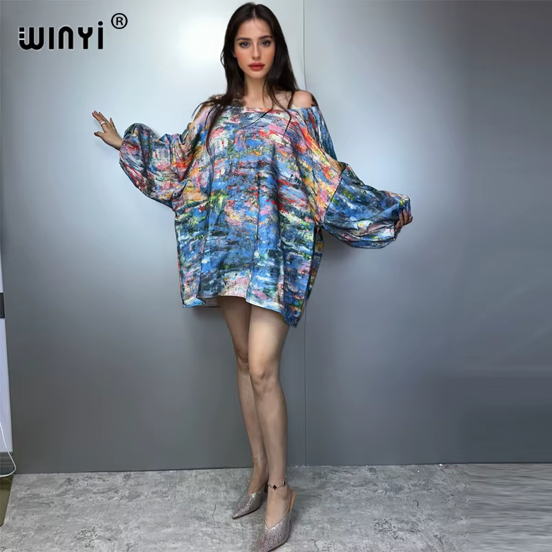 WINYI Original imprimé manches bulles denim robes mode afrique femmes vacances décontracté Maxi robe