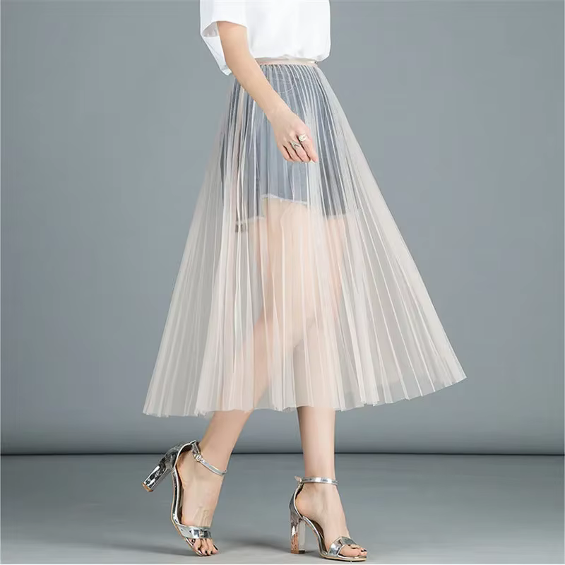 Femmes Sexy maille dentelle Transparent longue Tulle jupe mode coréenne été dames élastique taille h