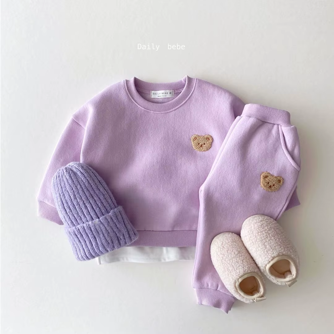 Ensemble de pull en polaire avec broderie d'ours pour fille de 1 à 5 ans, sweat-shirt + pantalon de