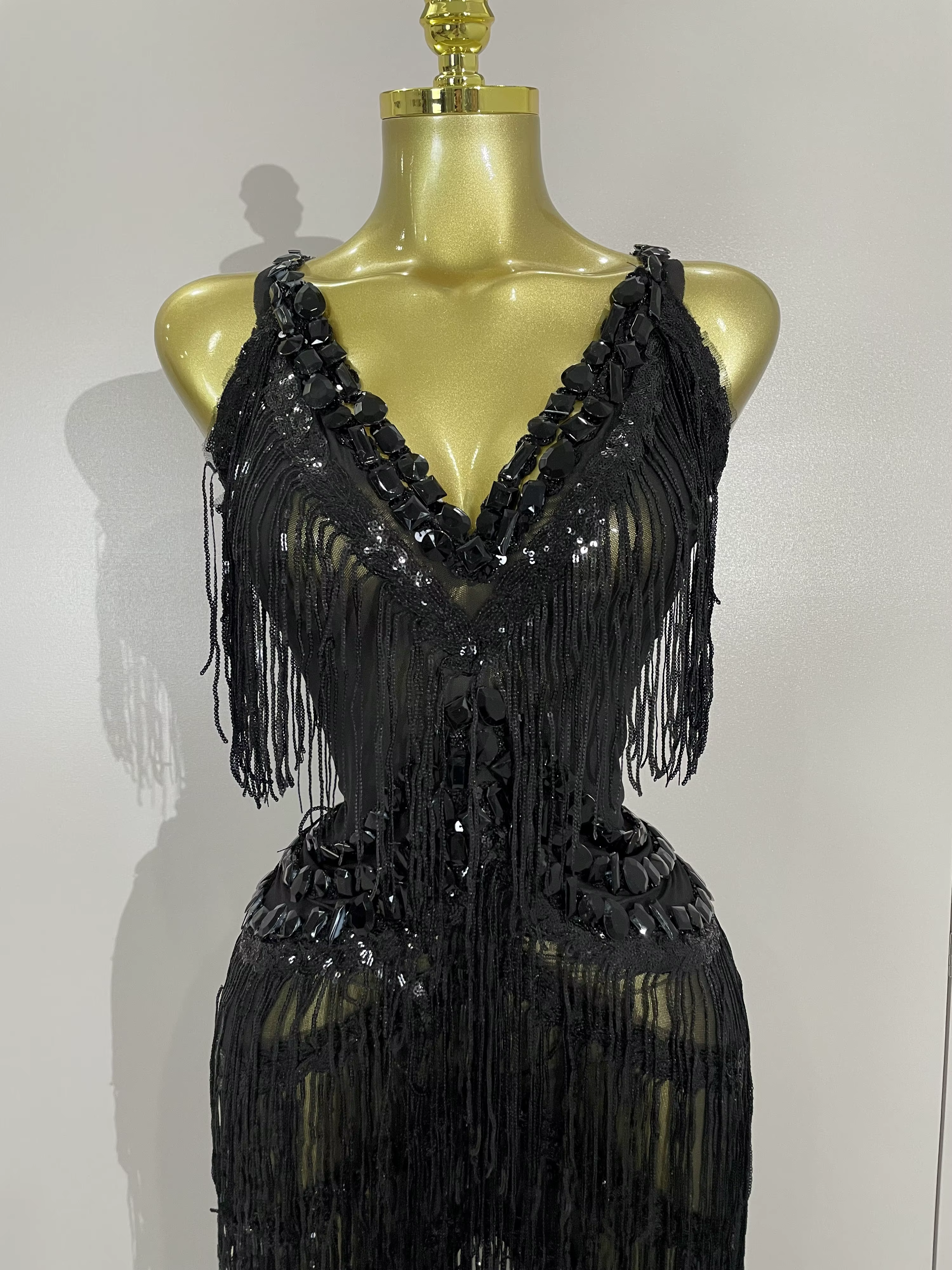 Combinaison à franges et paillettes pour femmes, strass noirs scintillants, tenue Sexy pour boîte de