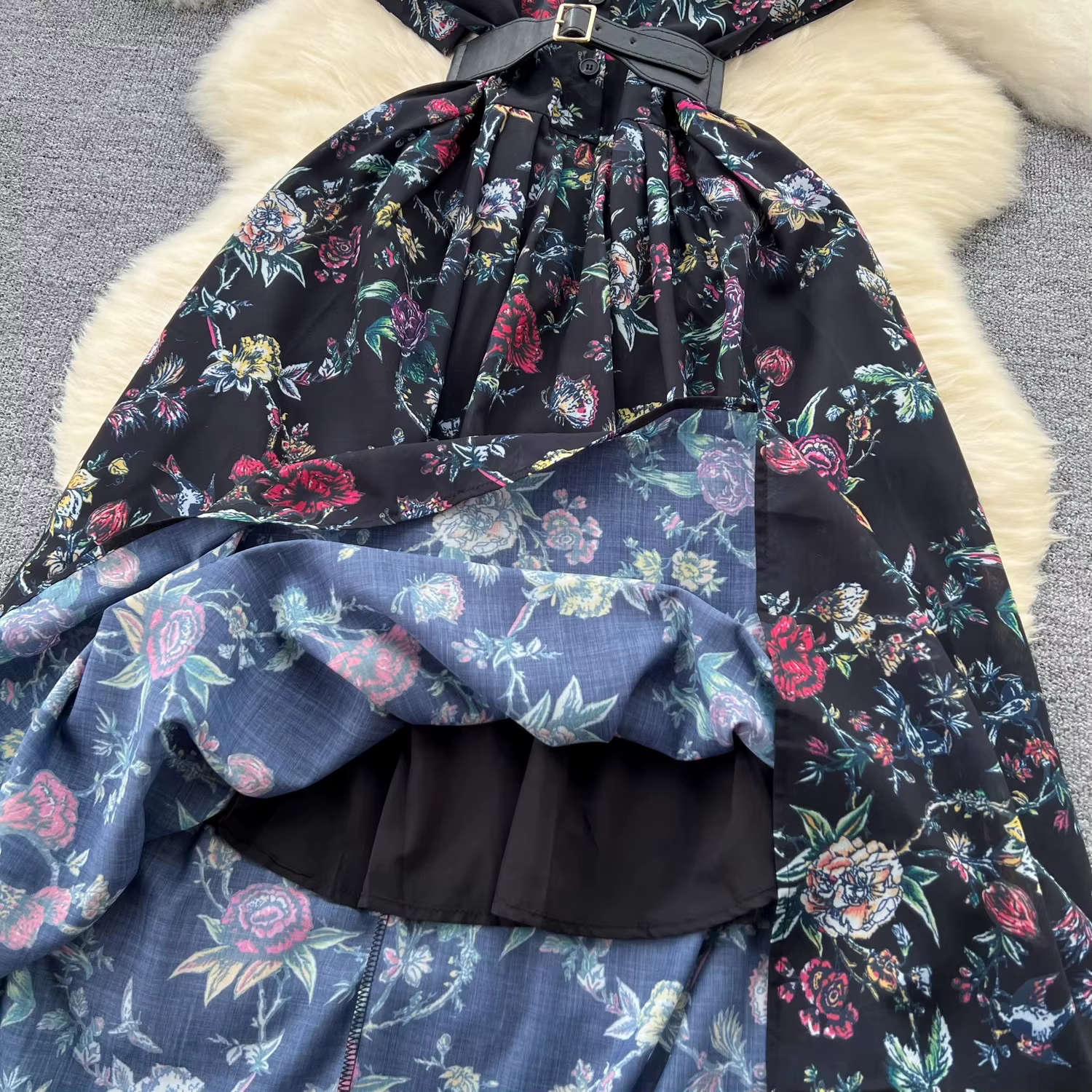 Robe à Revers à Imprimé Floral pour Femme, Vêtement Français Vintage, Manches Courtes, Taille Haute,