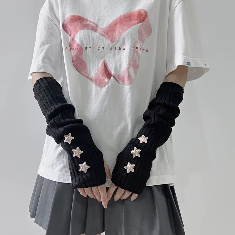 1 paire de gants sans doigts pour femmes, avec décoration d'étoiles, blanc/noir/rose, lavables en ma