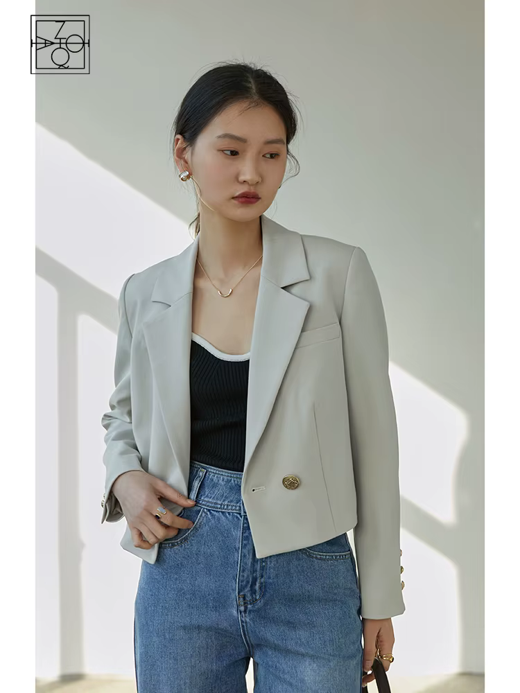 Ziqiao-blazers courts à manches régulières pour femmes, col imbibé d'automne, vestes de printemps à