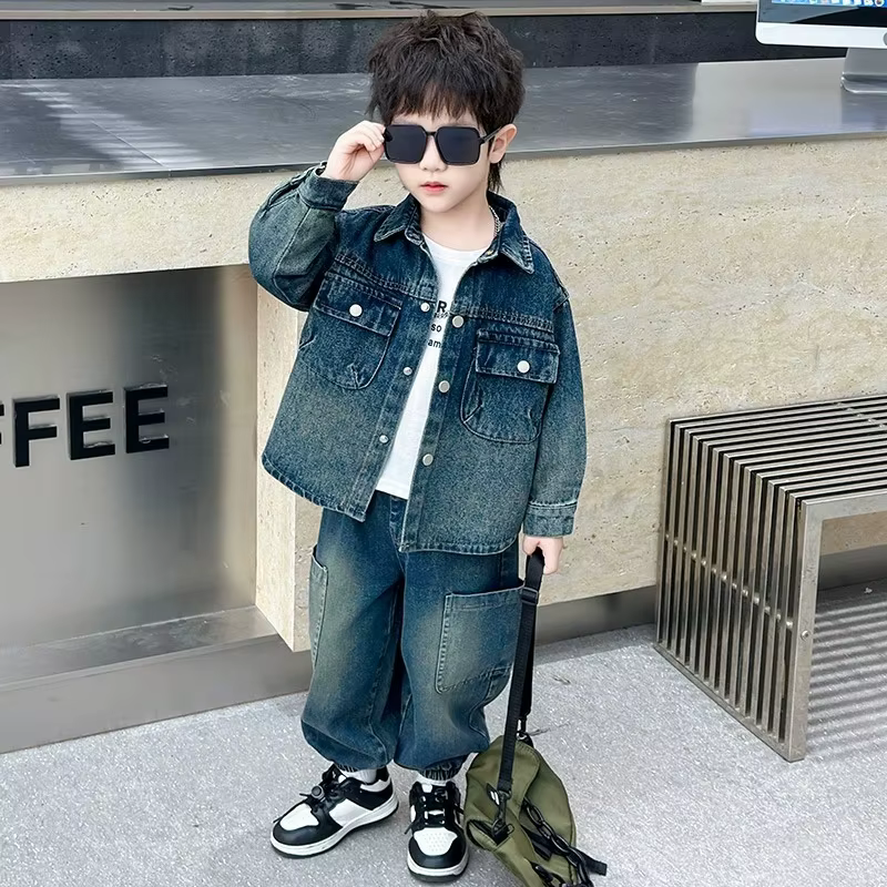 Ensemble en jean pour garçons, 2 pièces, vêtements pour enfants, veste en coton tendance, pantalon, 