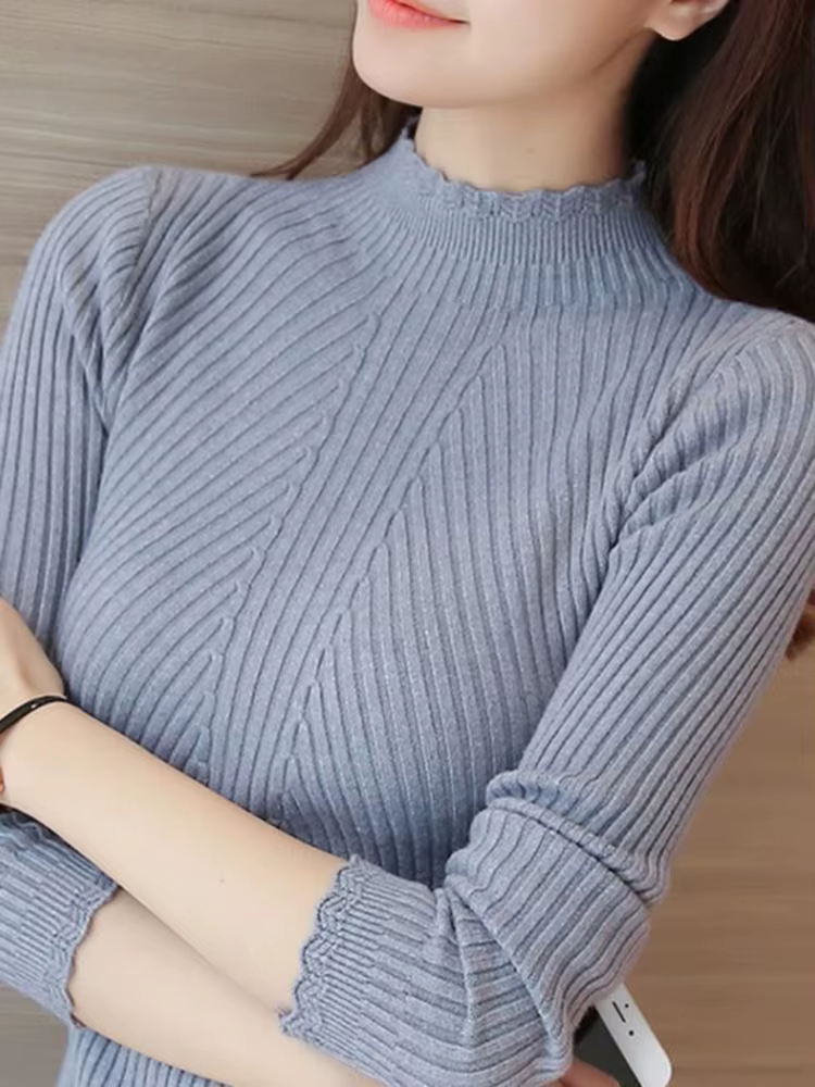 Pull tricoté décontracté à col montant et volants pour femme, manches longues, uni, à rayures, colle