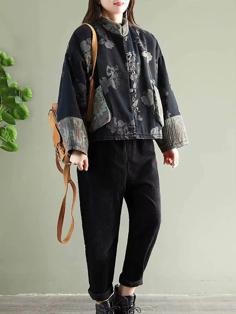 Amax LuluE Design chinois dames Parkas chauds femmes Vintage Floral Denim hiver rembourré vestes loi