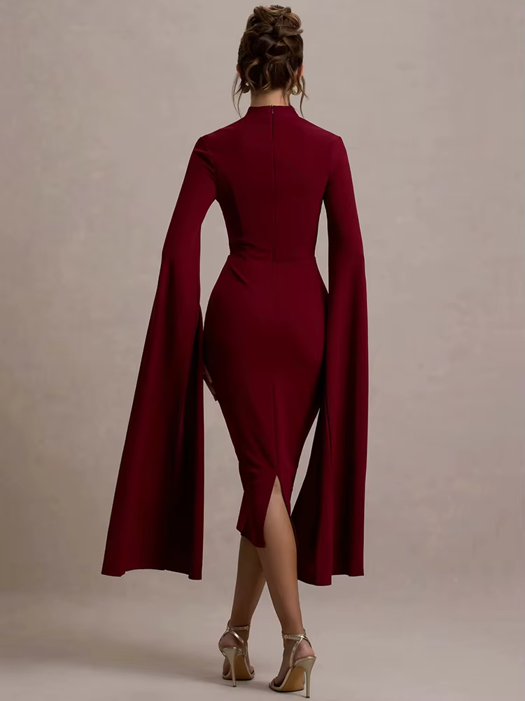 Mozision Cape à manches longues Sexy robe mi-longue pour les femmes automne hiver nouveau col carré