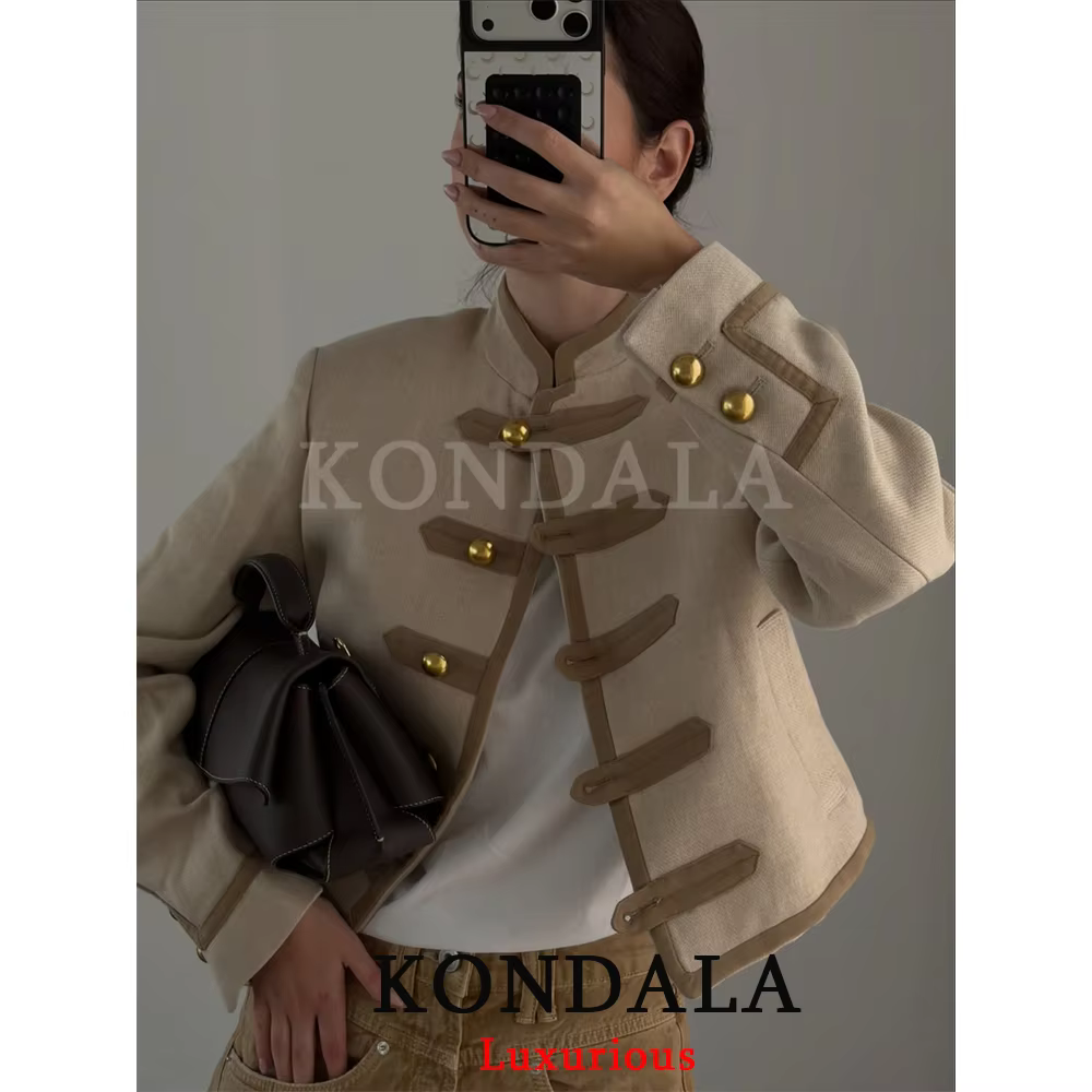 KONDALA – Nouveauté Chic Décontracté : Vestes Courtes Kaki à Poches pour Femme, Manches Longues, Col
