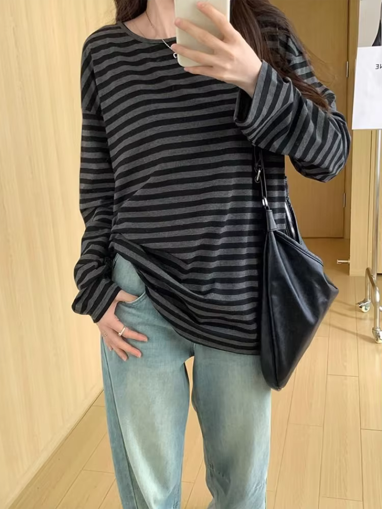 T-shirt manches longues pour femmes, vêtements japonais Y2k, hauts rayés, ample et fin, Grunge des a