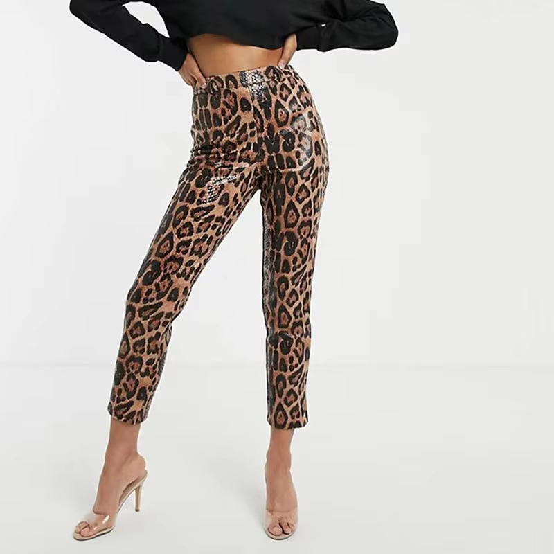 Leggings en similicuir PU imprimé léopard pour femmes, collants extensibles vintage, taille haute, s