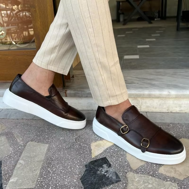 Chaussures de sport à enfiler faites à la main pour hommes, baskets à double structure, noir, marron