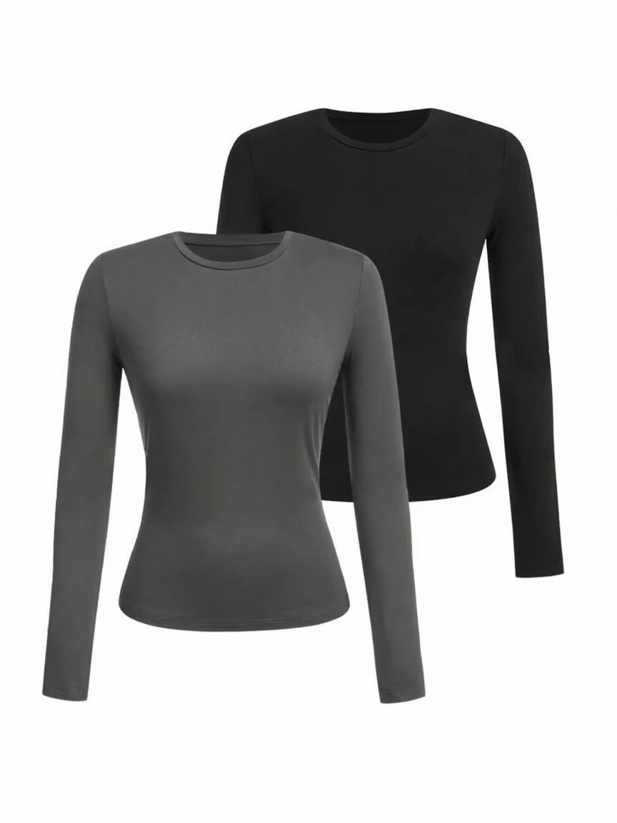 T-shirt femme manches longues couleur unie - Tissu tricoté polyester, col rond, coupe régulière, sty
