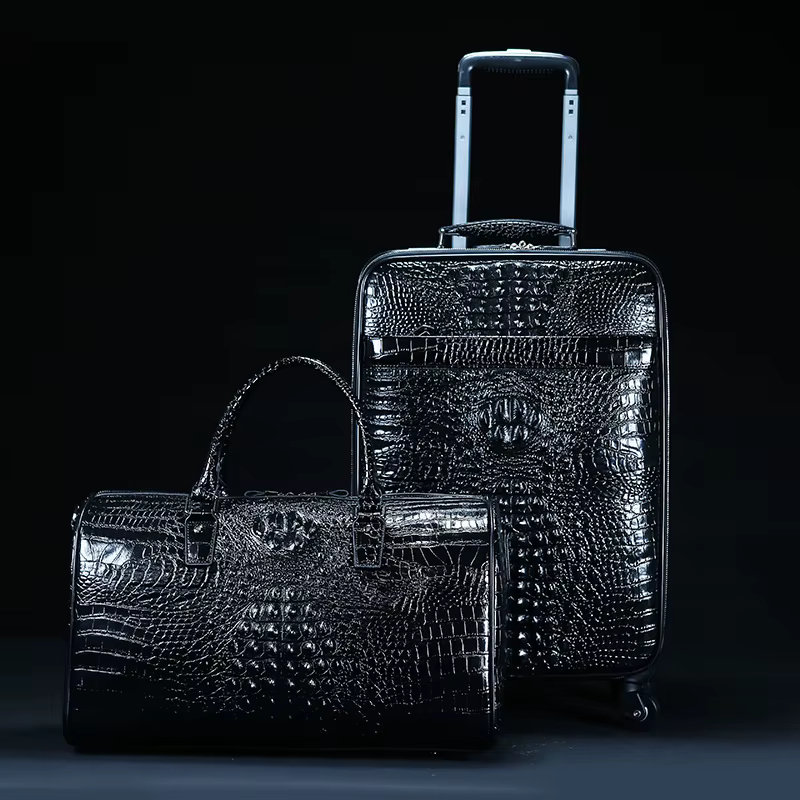 Valise de voyage en cuir véritable à motif crocodile pour homme, valise à roulettes, étui d'embarque