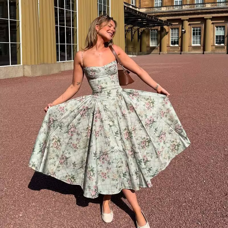 YENKYE vert imprimé fleuri Sexy bretelles Spaghetti Robe femmes taille basse a-ligne Midi vacances r