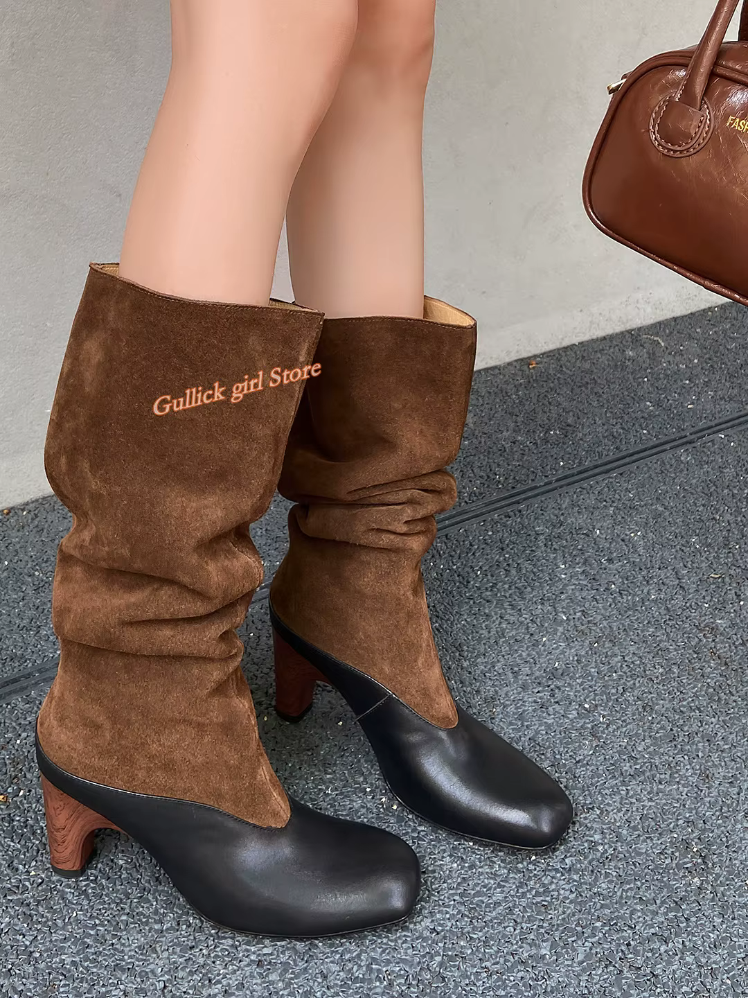 Patchwork genou bottes hautes daim cuir sans lacet Slouchy mode 2025 hiver automne piste femmes robe