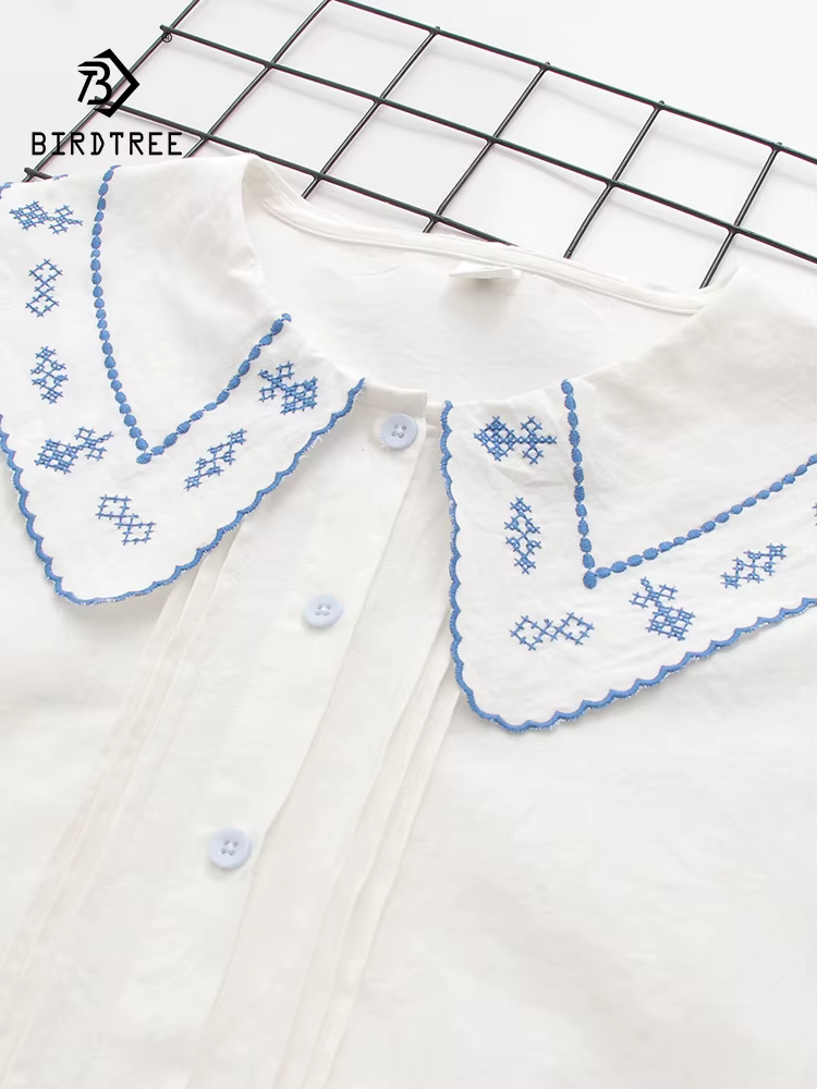 Chemises brodées de fleurs en coton pour femmes, hauts à col à revers, manches longues, chemisiers a