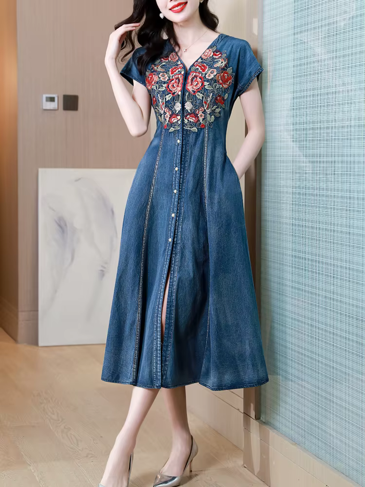 TIYIHAILEY Robe d'été en jean pour femme, longueur mi-mollet, manches courtes, broderie, col en V, s