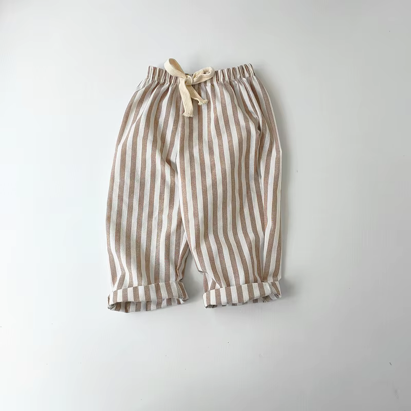 Pantalon à rayures en coton et lin pour garçon et fille, style décontracté, été automne