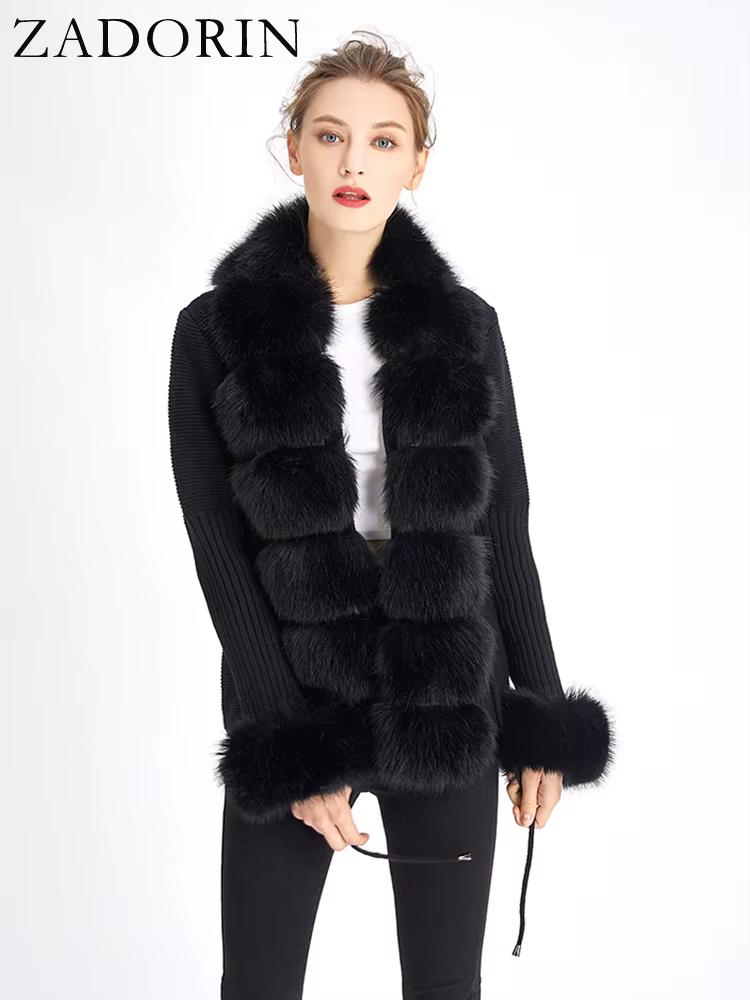 ZADORIN luxe fourrure Cardigan tricot hiver pull femmes élégant détachable fourrure ceinture blanc r