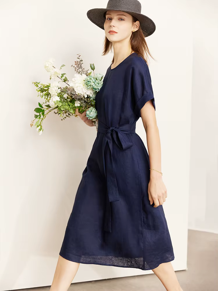 AMII-Robe minimaliste à col rond pour femmes, Niche de lin, Tempérament artistique, Robe éducative,
