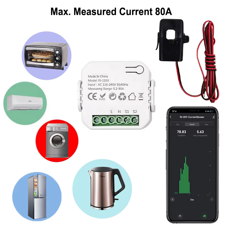 Compteur d'énergie numérique WiFi intelligent 80A avec capteur à pince CT, application de surveillan