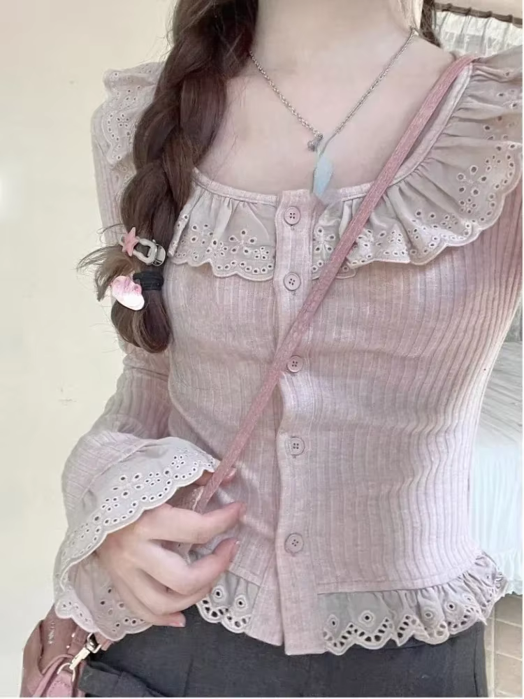 Chemisier Lolita en dentelle pour femme, tricot, coréen, élégant, manches longues, japonais, décontr