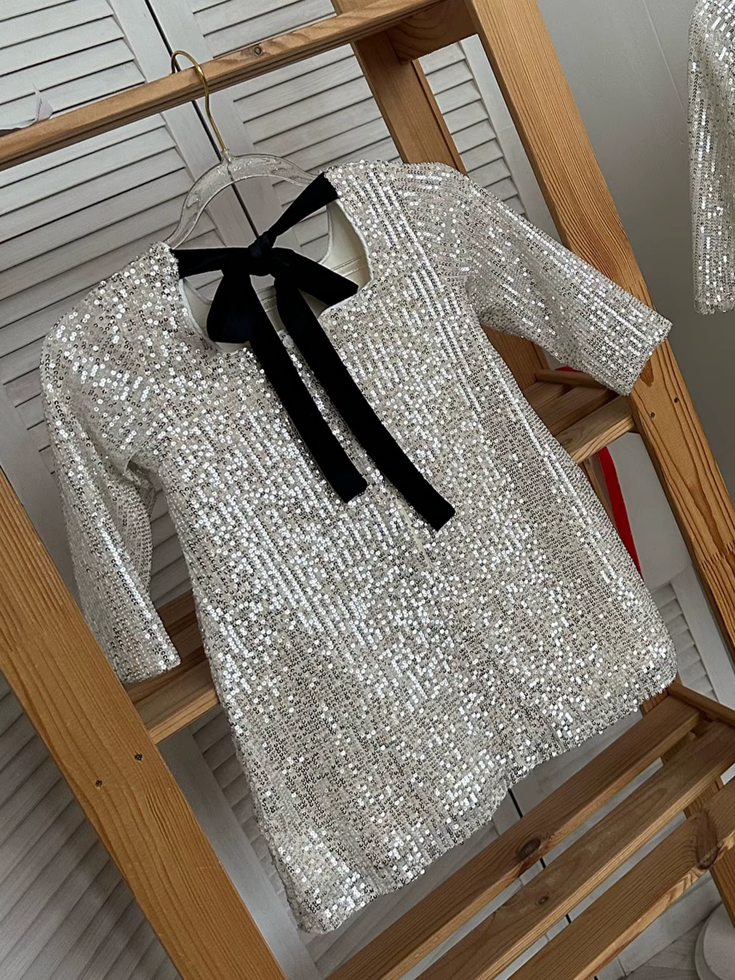 HETISO – robe de soirée élégante à manches longues, paillettes argentées, avec nœud papillon noir, r