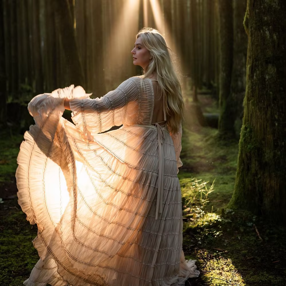 Robe longue bohème en tulle moelleux pour séance photo, robe de grossesse, manches longues, col en V