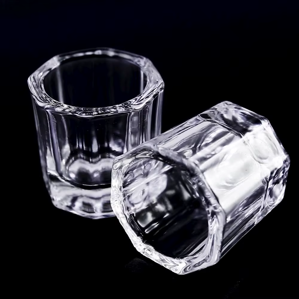 Mini verre cristal acrylique transparent, petite poudre octogonale, tasse à ongles liquide, brosse à
