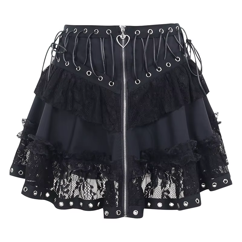 Gothique patineuse Punk Vintage taille haute jupe femmes fermeture éclair avant Style japonais Kawai