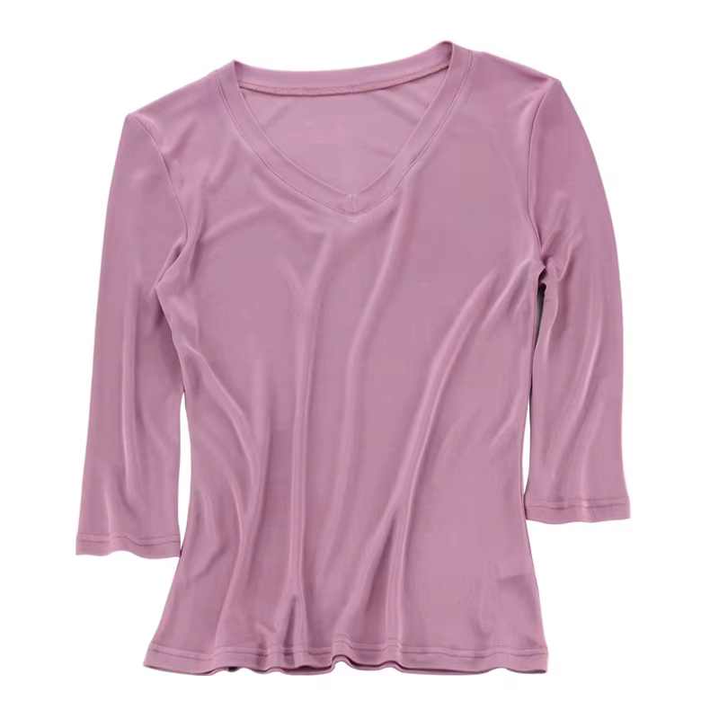 Birdtree, T-shirt en soie véritable à 25 %, double tricot, couleurs unies, col en V classique, manch